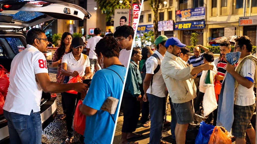 Volunteers handing out meals and supplies to people sleeping rough in Kuala Lumpur, 2015