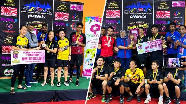 Women’s and men’s champion teams with their prizes at the 2019 LIFE Malaysia Charity Futsal