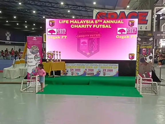 The stage at LIFE Malaysia's 5th annual charity futsal, 2023