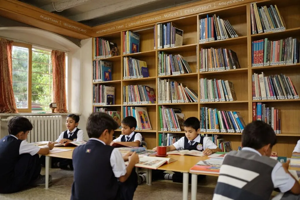 Primary school pupils reading new books in a restored school library